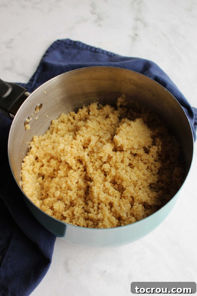 A pot of perfectly cooked and cooled quinoa, showcasing its fluffy texture, ready to be transformed into a delicious salad.