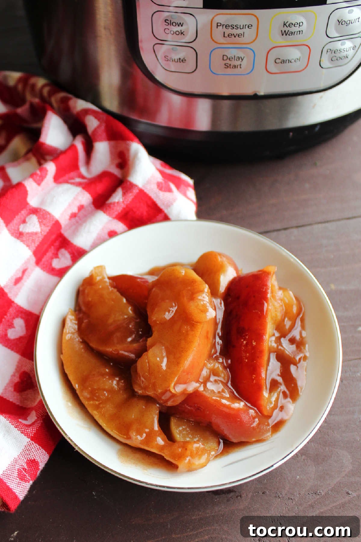 Looking down on cinnamon apples slices ready to eat.