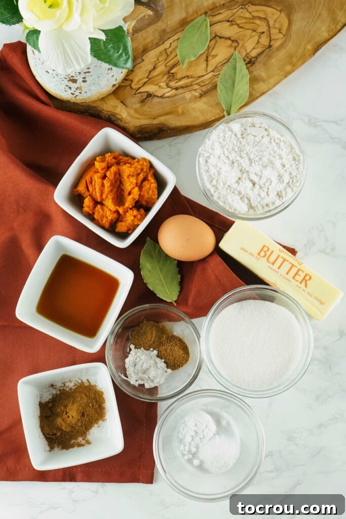 Autumn Pumpkin Snickerdoodles 3 Ingredients for pumpkin spice snickerdoodles neatly laid out on a countertop, ready for baking.