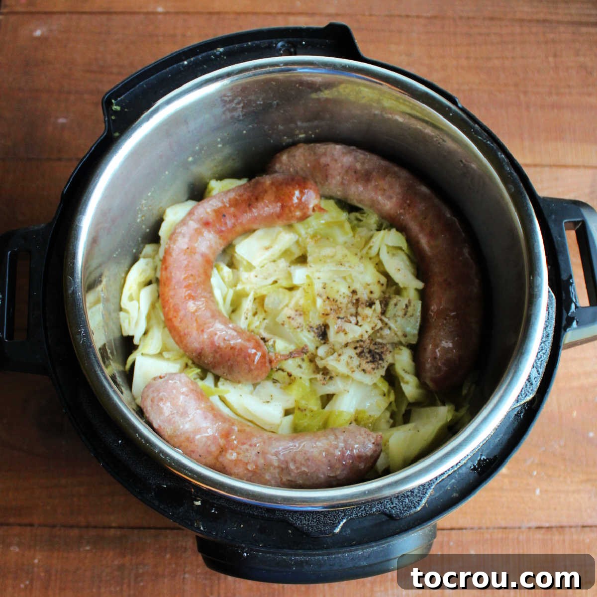 Cooked cabbage, sausage and potatoes in Instant Pot.