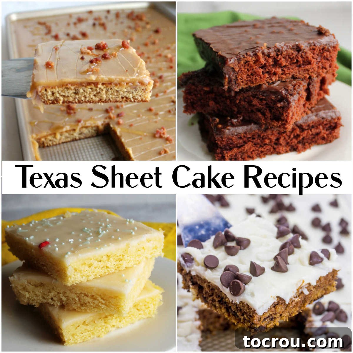 11 Must-Try Texas Sheet Cake Recipes 2 Collage of images with different kinds of Texas sheet cake, showcasing the variety of flavors and toppings possible.