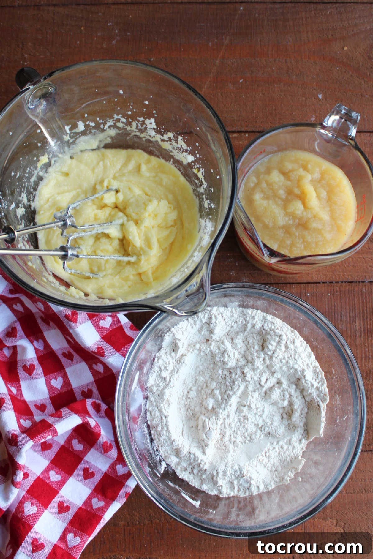 Spiced Applesauce Bars with Tangy Cream Frosting 3 Applesauce bar ingredients in bowls ready to be combined.