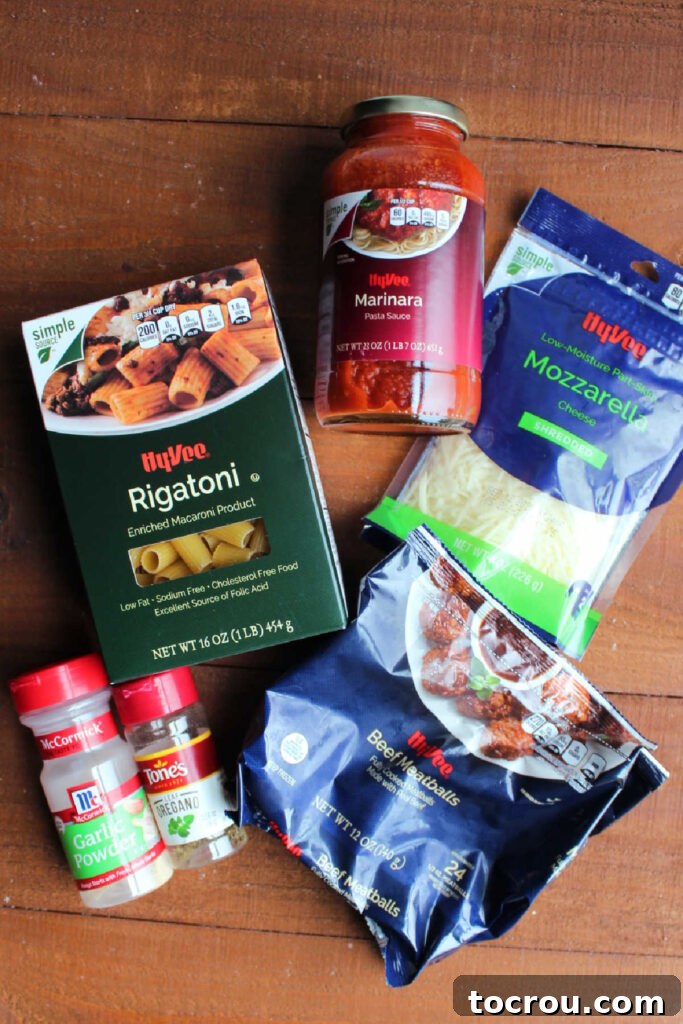 Ingredients for no boil baked pasta with meatballs.