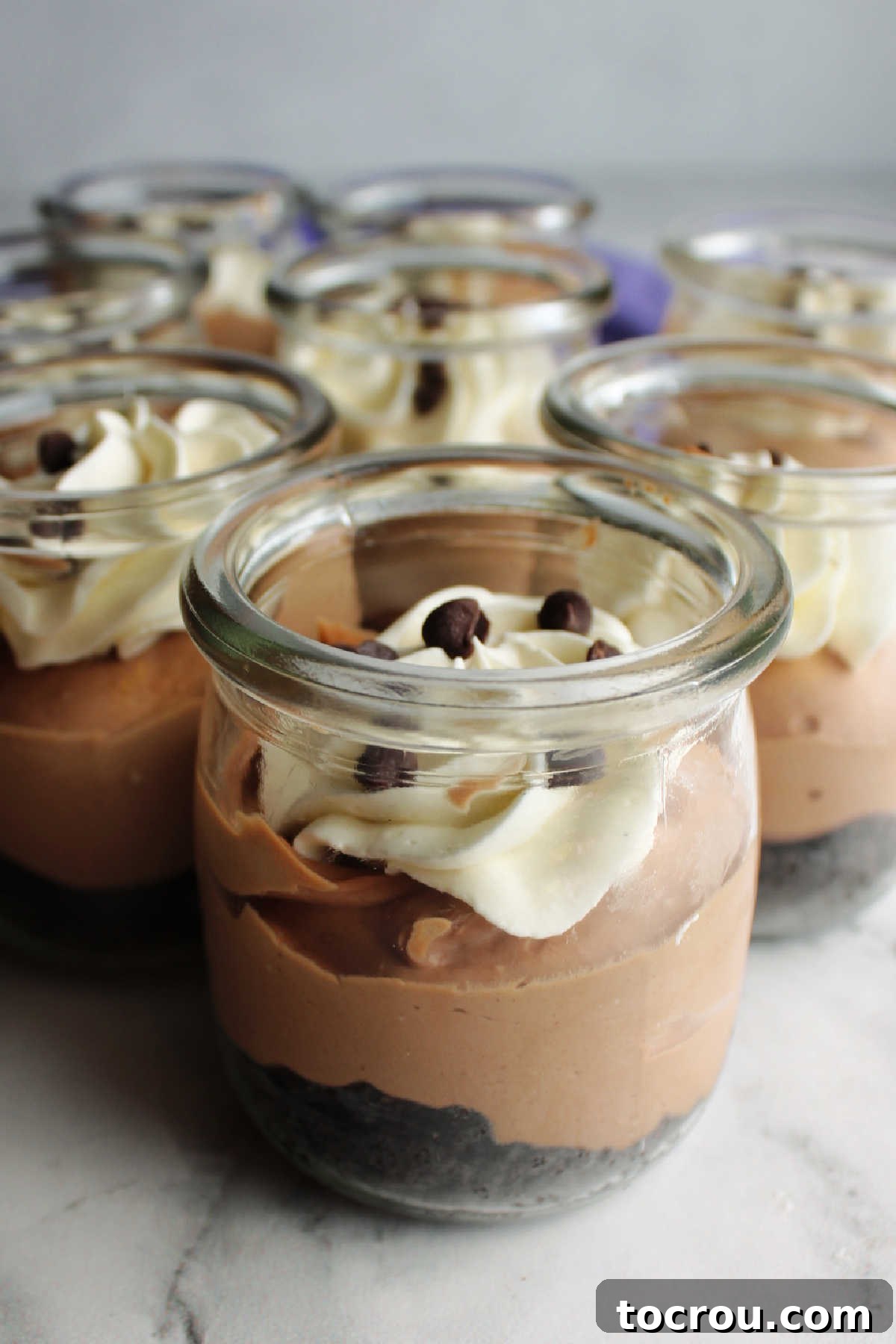 Finished jars filled with a chocolate crumb crust, a rich chocolate cheesecake mixture, and a delicate cream cheese whipped cream topping.