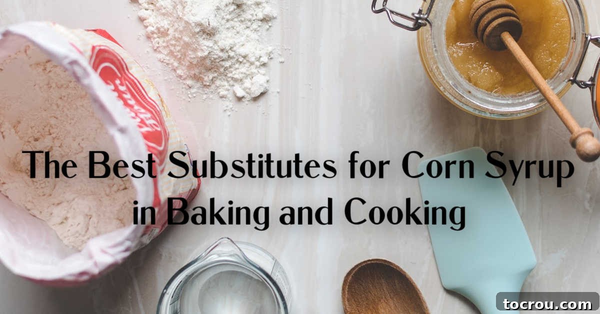 Sweet Alternatives to Corn Syrup 2 Image with flour, measuring cup of water, spatulas and jar of honey with text over top of it.