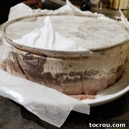 Ice cream cake in the process of being demolded from a springform pan, revealing clean layers.