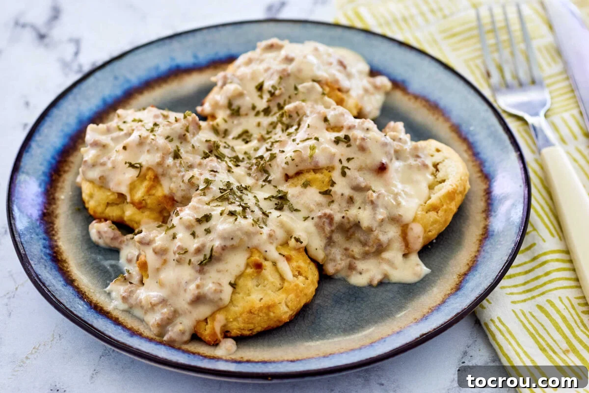 Fluffy Biscuits and Rich Sausage Gravy 2 A plate generously filled with golden-brown, homestyle biscuits drenched in creamy, white sausage gravy, with a fork resting beside it, ready to be enjoyed.