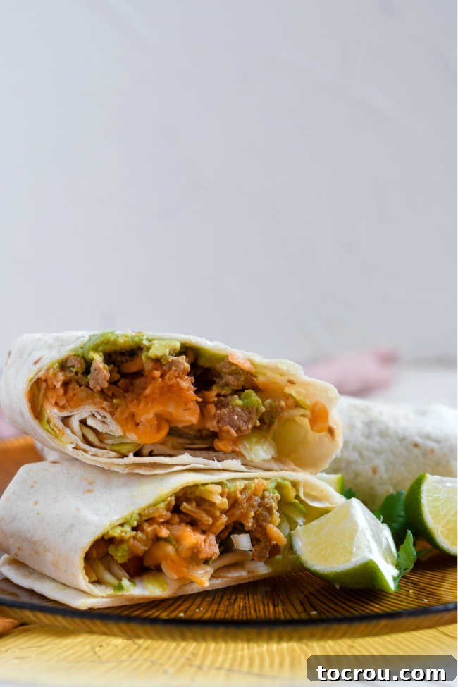 Two burrito halves stacked on top of each other showing the layers of seasoned ground turkey, rice, guac, lettuce and more.