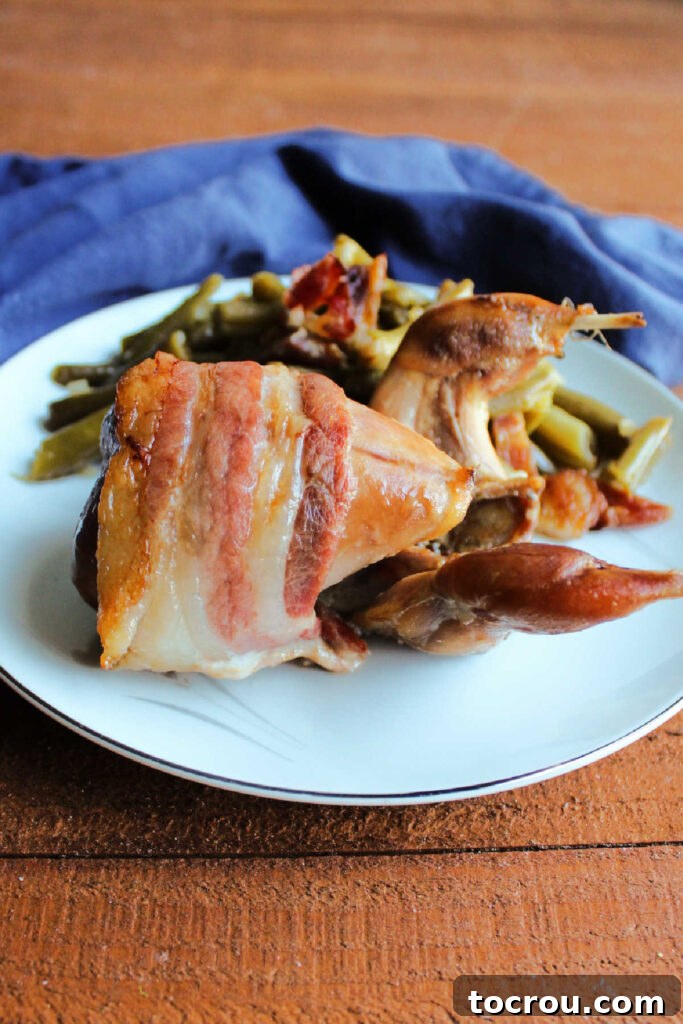 Golden Roasted Bacon Wrapped Quail 4 Marinated bacon wrapped quail on dinner plate with green beans.