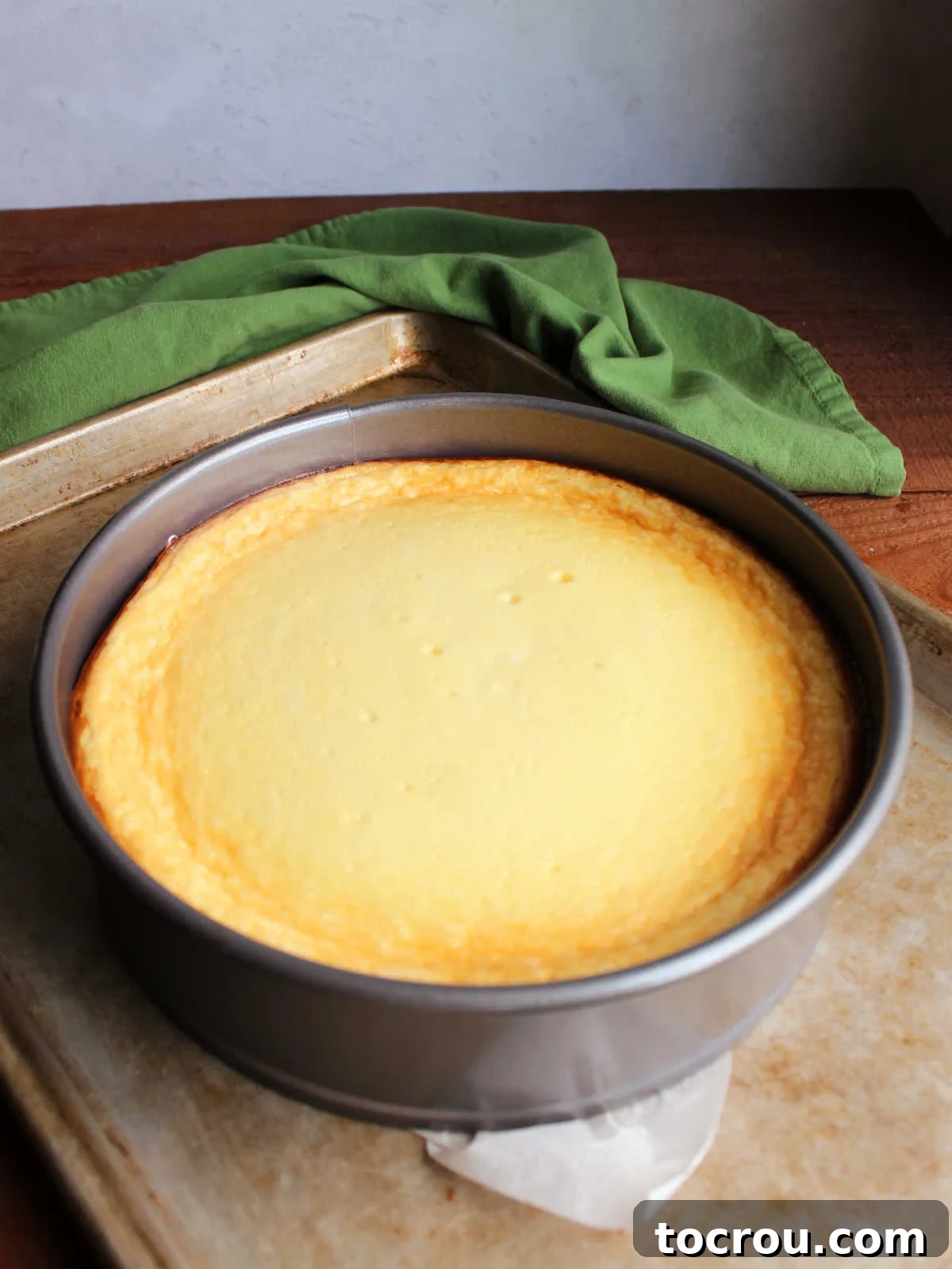 Freshly baked condensed milk cheesecake in a springform pan, showing a perfectly smooth, crack-free top after baking without a water bath.