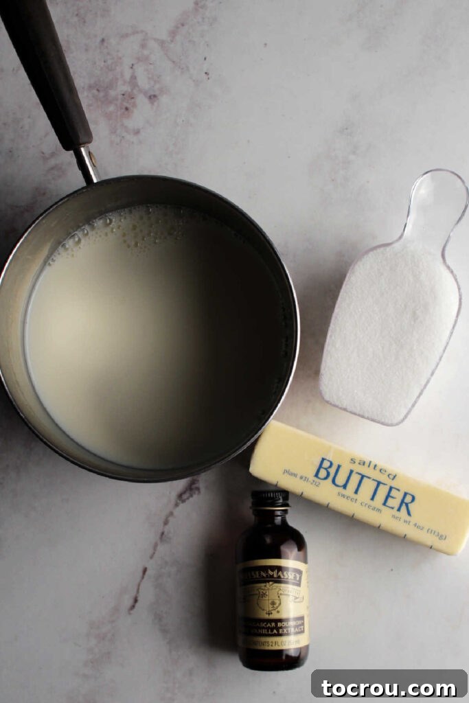 Butter, milk, sugar and vanilla ready to be made into sweetened condensed milk.