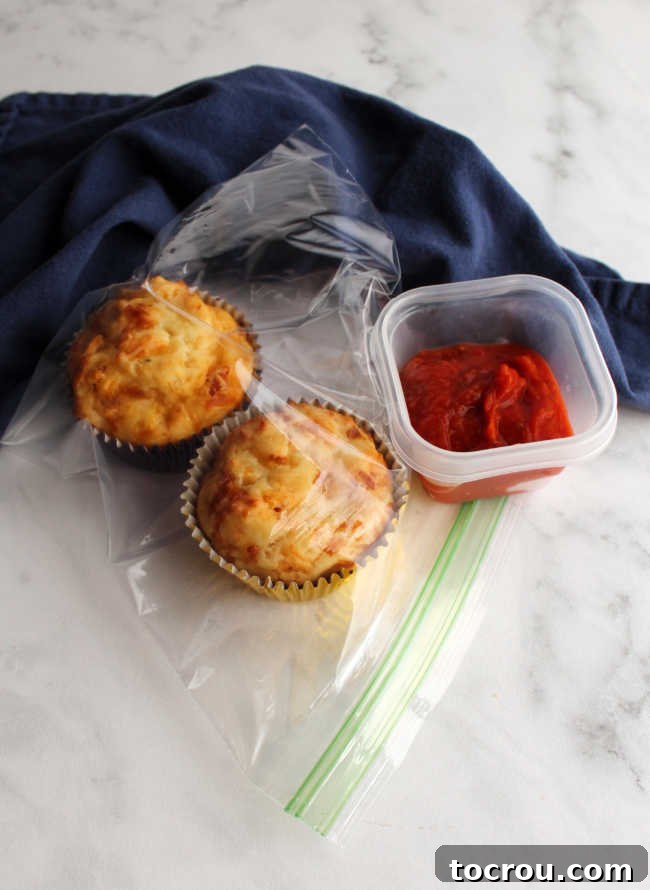 Muffins packed for lunch Two pepperoni pizza muffins, securely nestled in a clear plastic bag alongside a small, convenient container of pizza sauce, perfectly prepared for a school lunch.