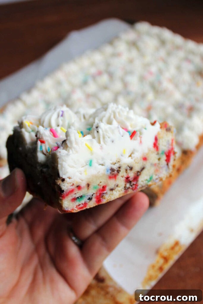 Hand holding a soft sugar cookie bar filled with colorful sprinkles.