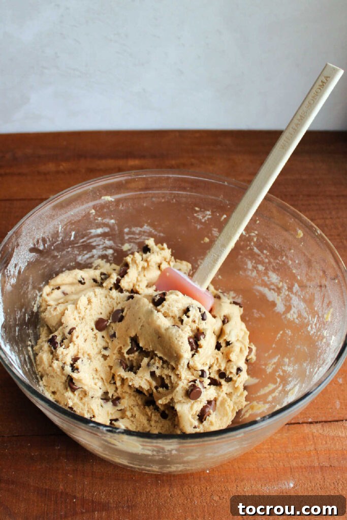 Mixing the Perfect Cookie Dough Dip A mixing bowl filled with creamy chocolate chip cookie dough dip, generously studded with chocolate chips, ready for serving.