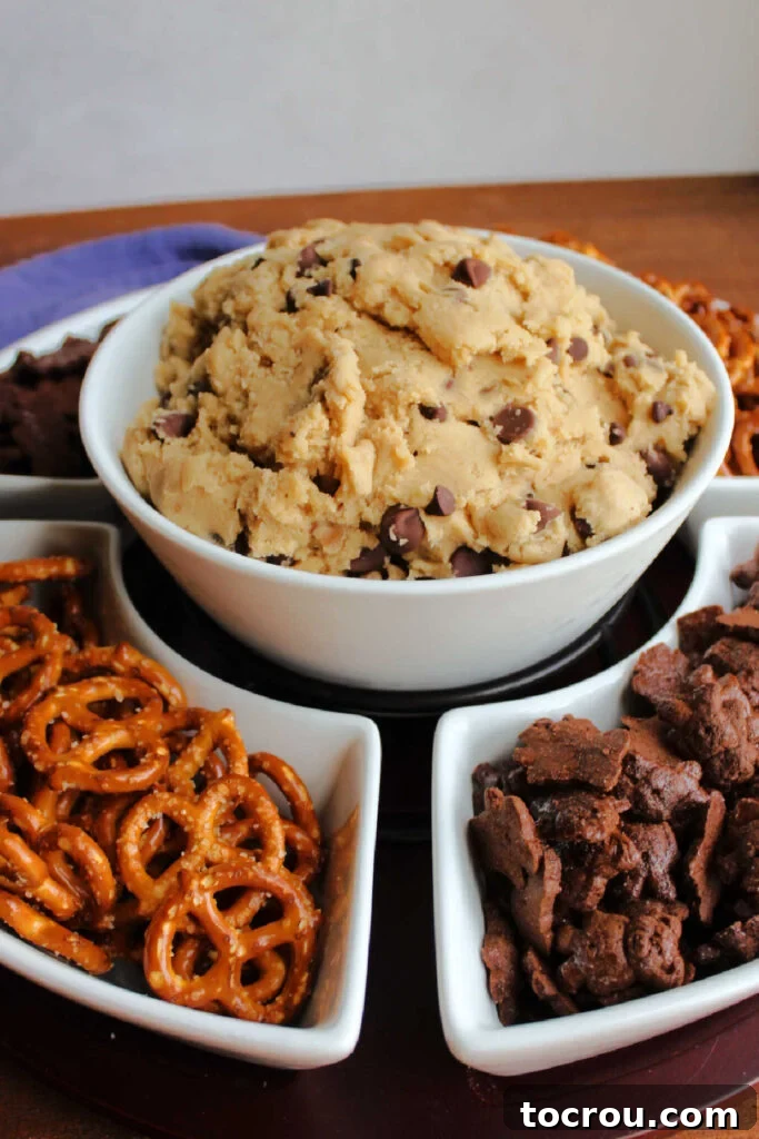 Chocolate Chip Cookie Dough Dip Ready to Serve A close-up shot of a bowl of chocolate chip cookie dough dip, perfectly chilled and ready to be enjoyed, showcasing its rich texture and plentiful chocolate chips.