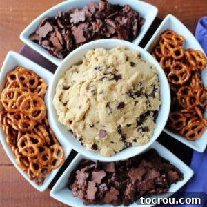 A visually appealing chip and dip platter, featuring a rich chocolate chip cookie dough dip at its core, surrounded by an assortment of dippers like crunchy pretzels and sweet chocolate teddy grahams.