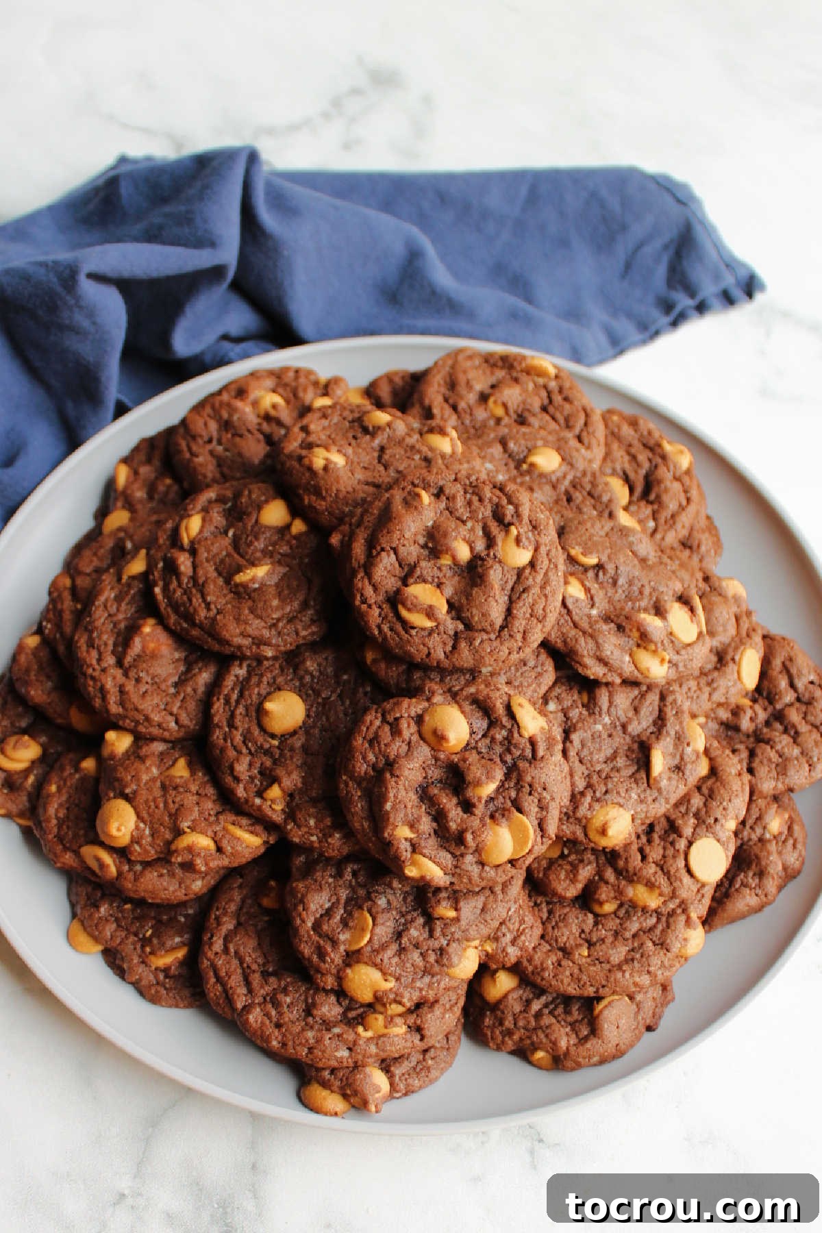 A festive plate showcasing a delicious arrangement of chocolate peanut butter cake mix cookies, ready to be served.