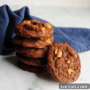 Stack of rich chocolate cookies generously studded with peanut butter chips, photographed for the recipe card.