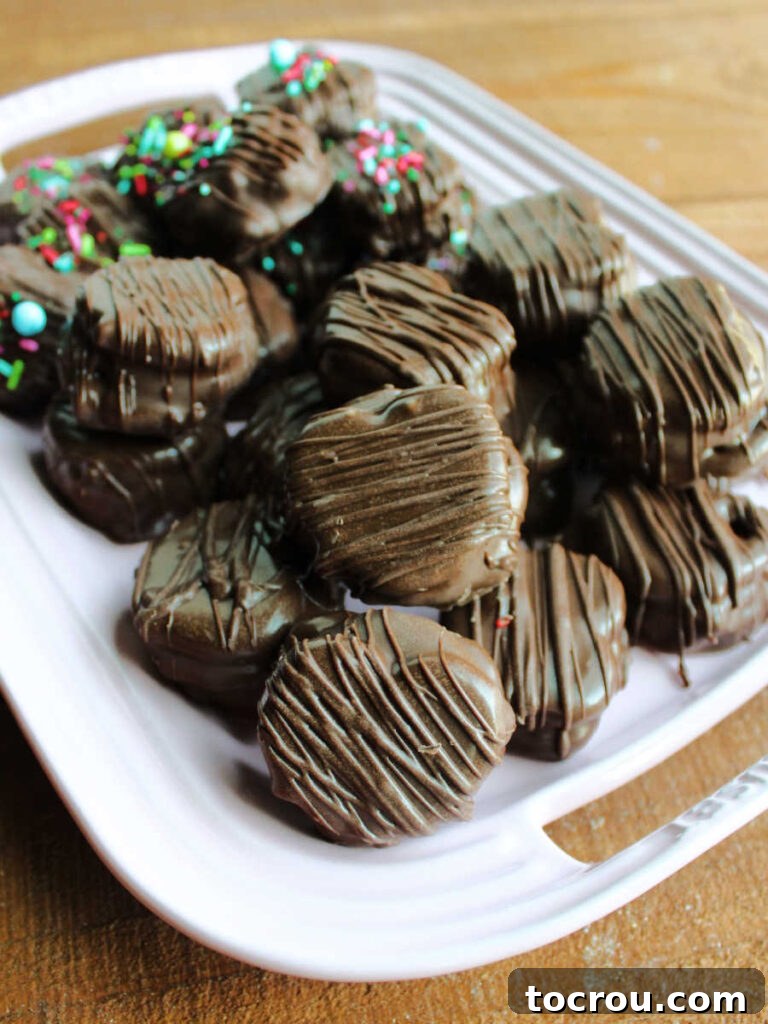 Decadent Chocolate Peanut Butter Pretzel Treats 4 A platter brimming with freshly made chocolate peanut butter pretzel bites, elegantly drizzled with extra chocolate for a sophisticated finish.