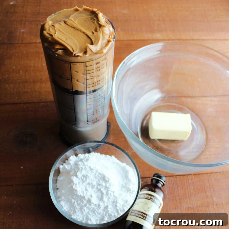 Decadent Chocolate Peanut Butter Pretzel Treats 5 All the necessary ingredients for the creamy peanut butter filling laid out and ready for mixing to create the pretzel bites.