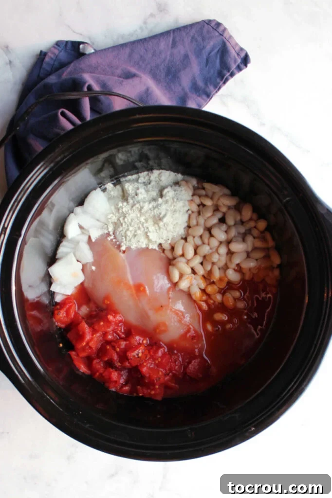 Ingredients for Buffalo Chicken Chili in Slow Cooker Chicken, tomatoes, beans, and onions in slow cooker ready to cook.