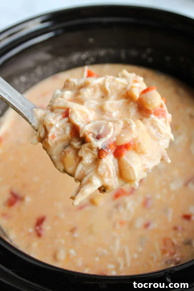 Serving Creamy Buffalo Chicken Chili from Crock Pot Ladle full of creamy buffalo chicken chili with beans coming out of crock pot.