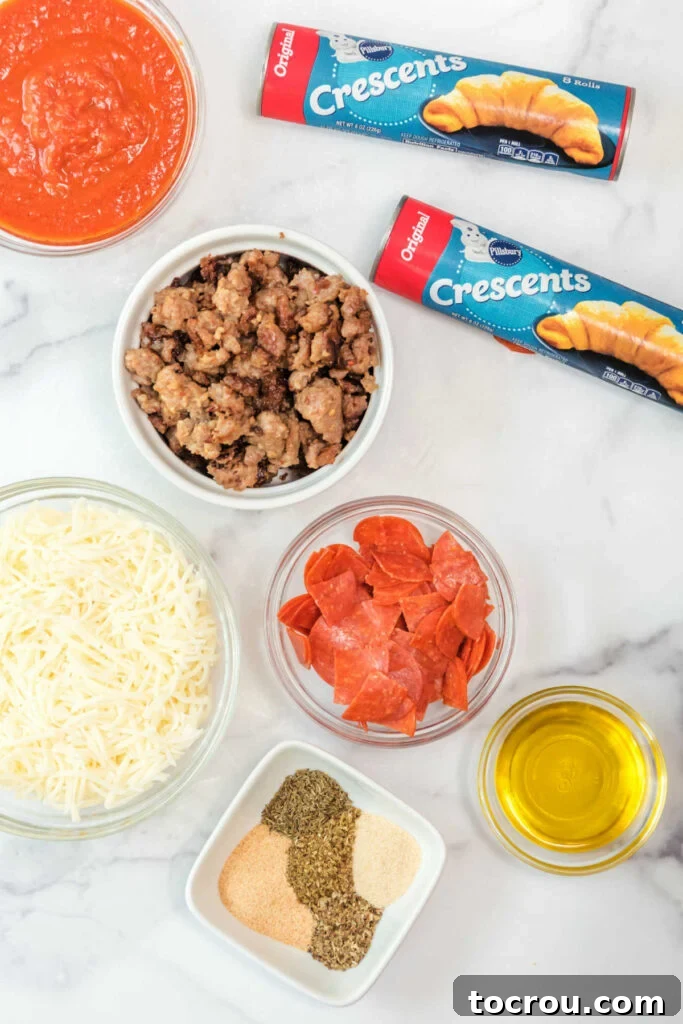 Ingredients ready to be made into a fun pizza crescent ring.