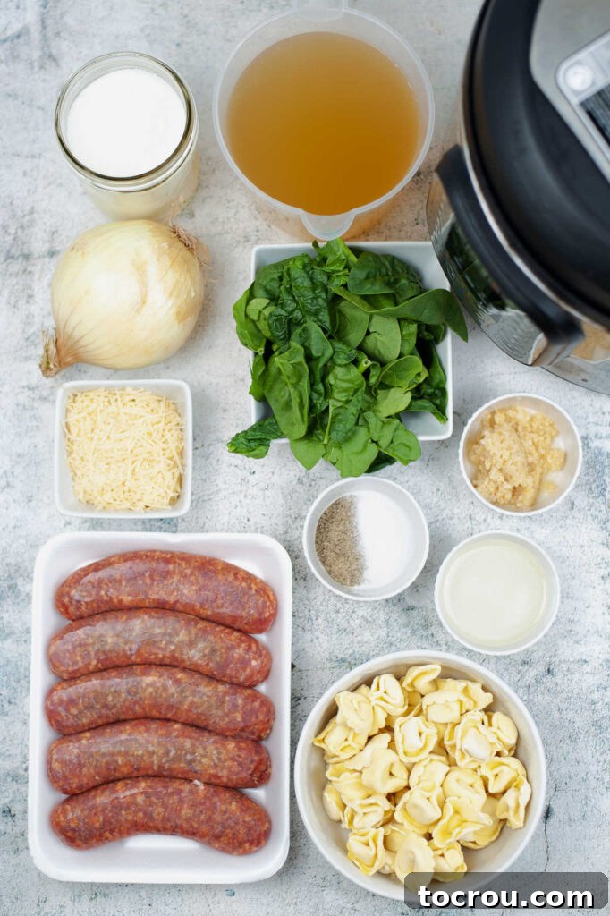 Fresh ingredients laid out on a counter, ready to be transformed into a delicious creamy tortellini soup.