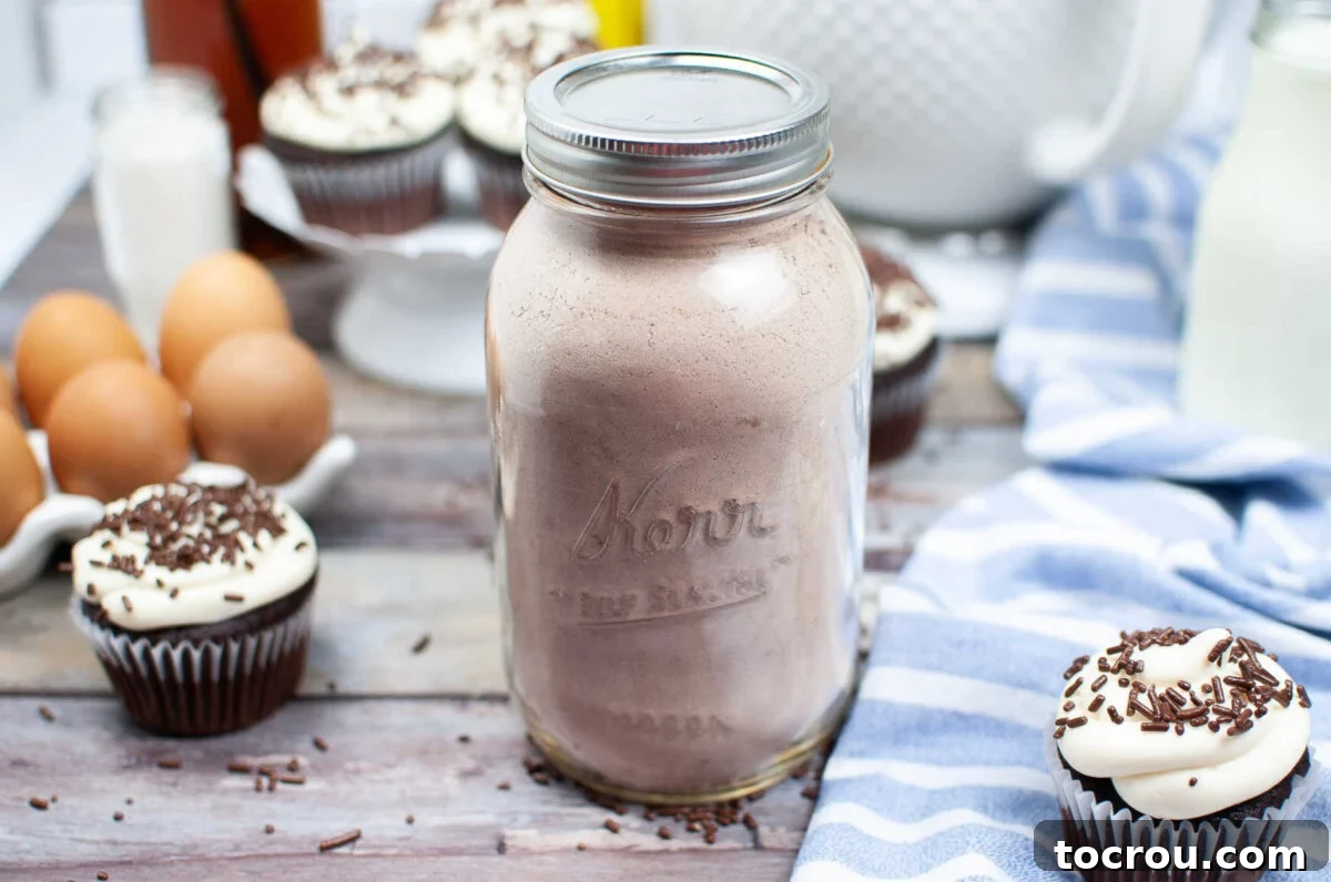 Glass quart jar filled with homemade chocolate cake mix with baked chocolate cupcakes around it. 