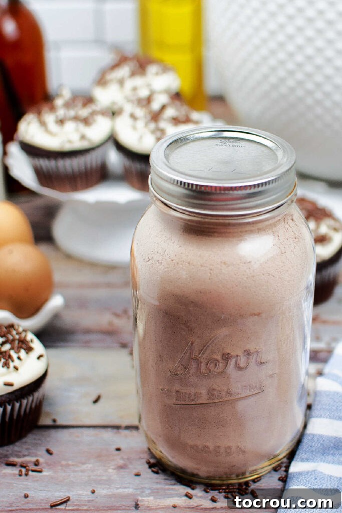 Quart jar filled with homemade chocolate cake mix.