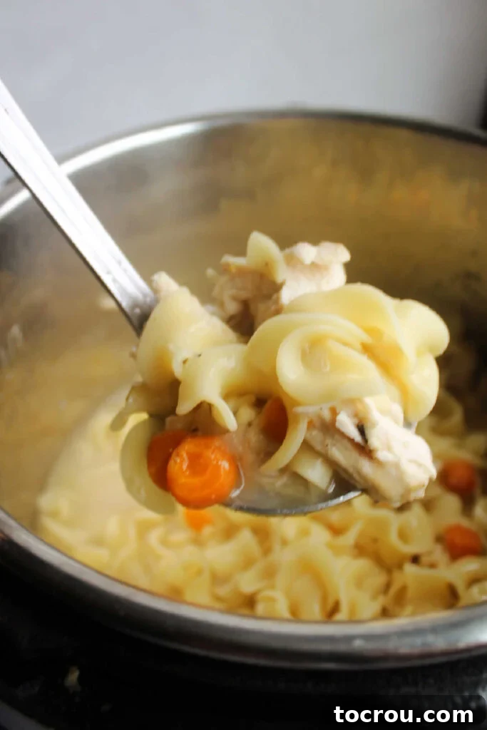 Flexible Chicken Noodle Soup: Instant Pot and Slow Cooker Ready 7 A ladle overflowing with golden homemade chicken noodle soup, held above an Instant Pot, showcasing the rich broth and tender ingredients, ready to be served.