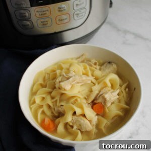 Bowl of homemade chicken noodle soup in front of instant pot.
