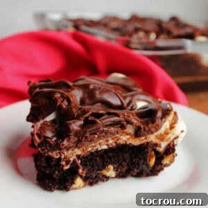 Close up of piece of mississippi mud brownies with layer of chocolate brownie, white marshmallow layer and chocolate icing on top.