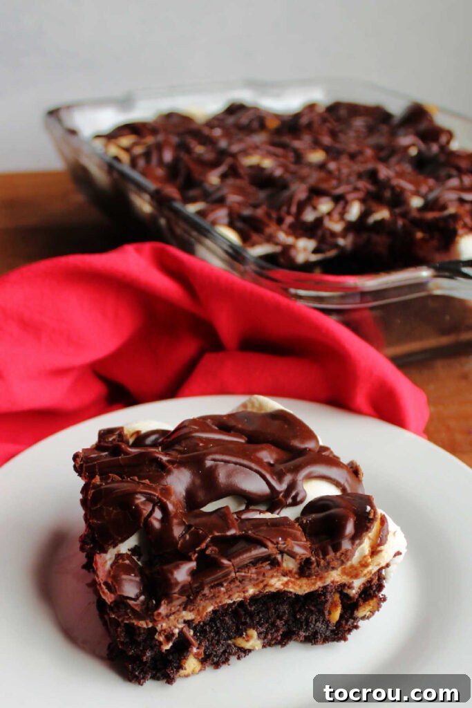 Piece of mississippi mud brownie in front of pan of remaining brownies.