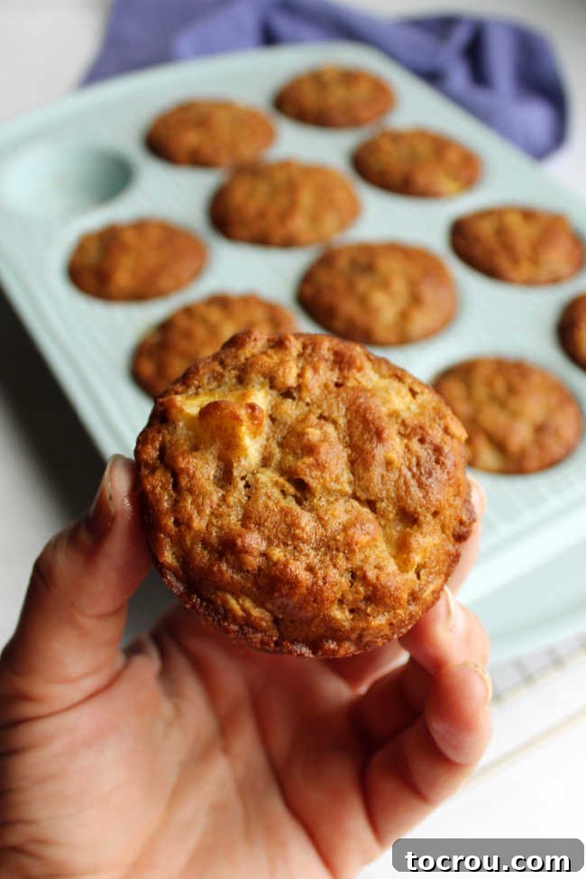 Hand holding a freshly baked whole grain maple peach muffin.