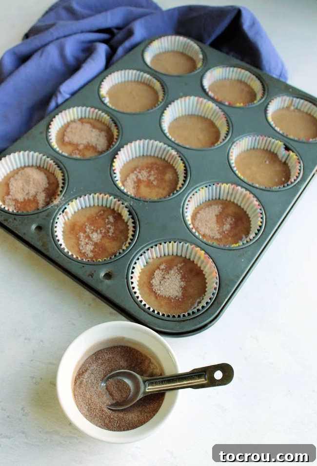 Cinnamon Sugar Topping Application Sprinkling cinnamon sugar mixture over muffin batter in tin, ready to bake.