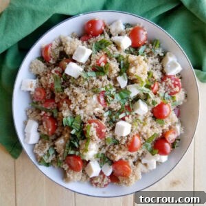 bowl of quinoa salad with tomatoes basil and mozzarella pearls