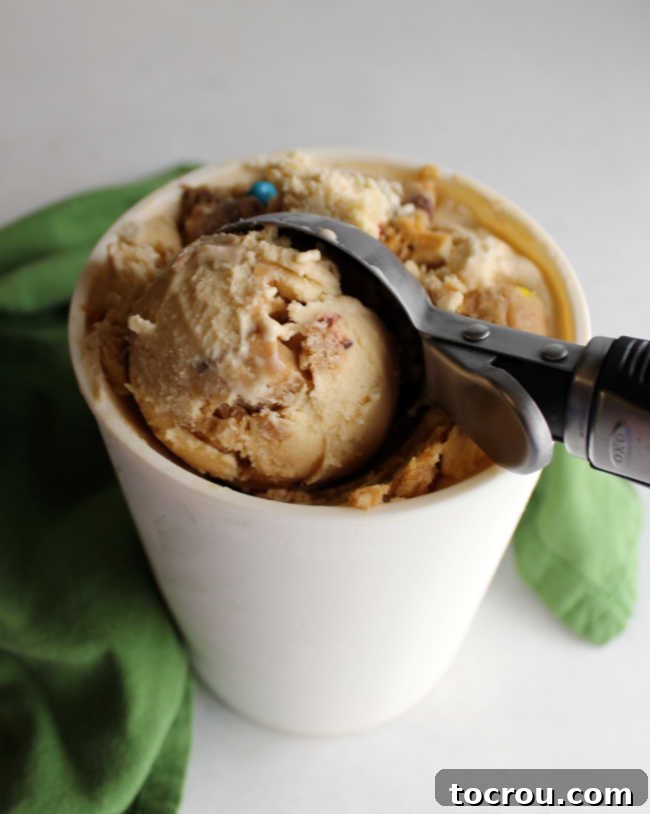 An ice cream scoop diving into a container of monster cookie ice cream, revealing abundant cookie dough bits nestled within the peanut butter base.