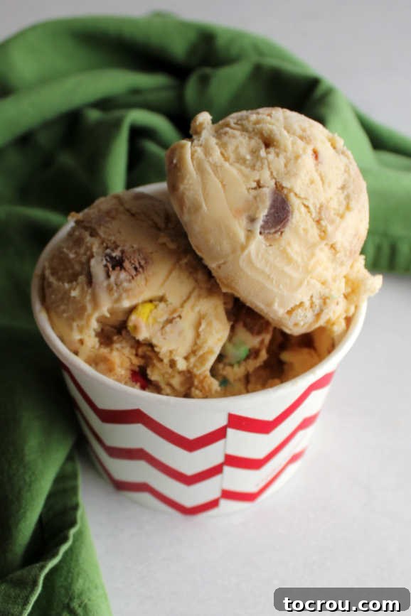 Several scoops of peanut butter monster cookie ice cream elegantly arranged in a red and white chevron patterned bowl.