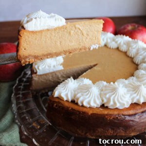 A slice of tan apple butter cheesecake with whipped cream stars being lifted from the larger cake.