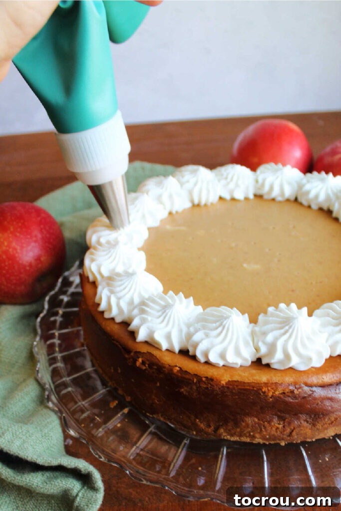 A baker's hands delicately piping a border of cream cheese whipped cream onto the edge of a chilled apple butter cheesecake.
