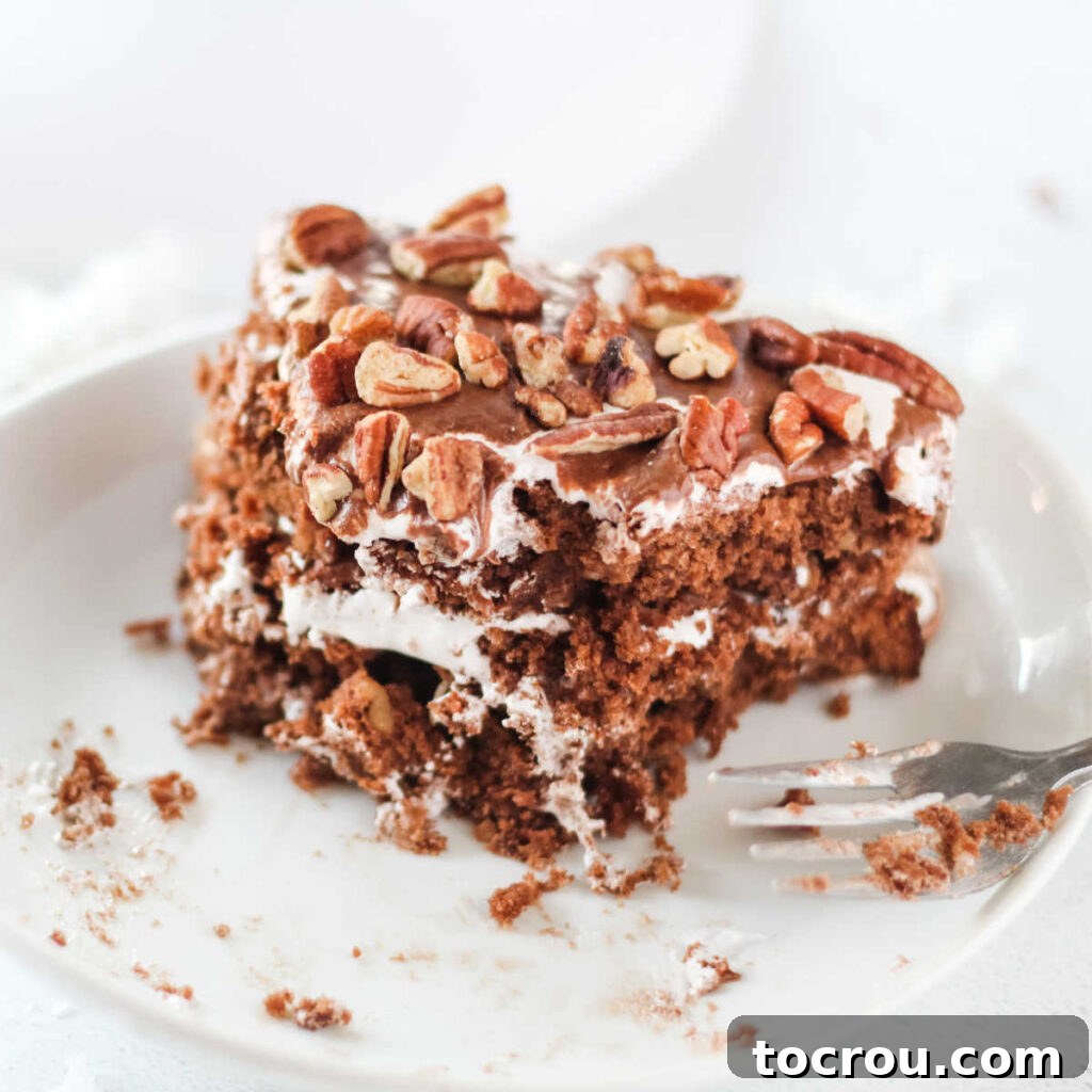 Bite out of mudslide cake with chocolate, marshmallow fluff, pecans and coconut.