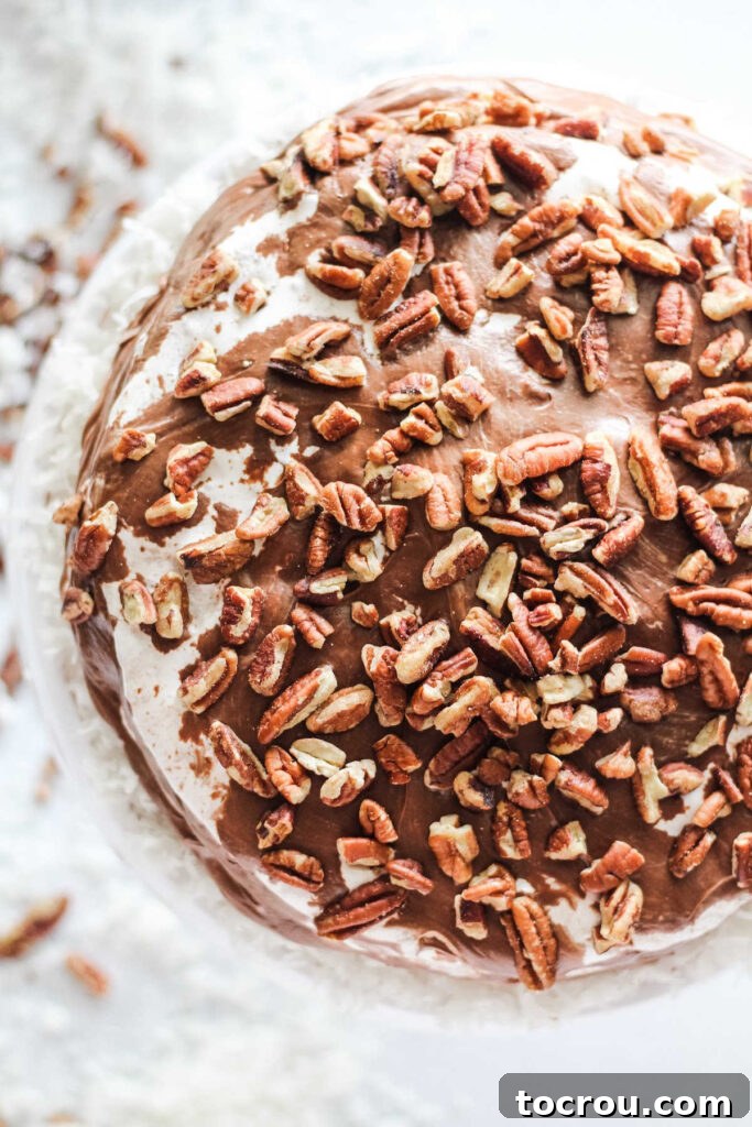 Looking down on whole mudslide cake with marshmallow fluff showing through chocolate icing and pecans.