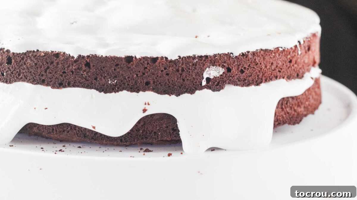 Layers of marshmallow fluff on top of layers of chocolate mudslide cake.