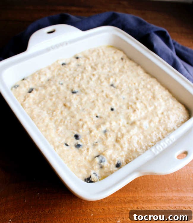 Bright Lemon Blueberry Baked Oatmeal 3 A baking pan filled with unbaked lemon blueberry oatmeal batter, dotted with blueberries, ready to go into the oven.