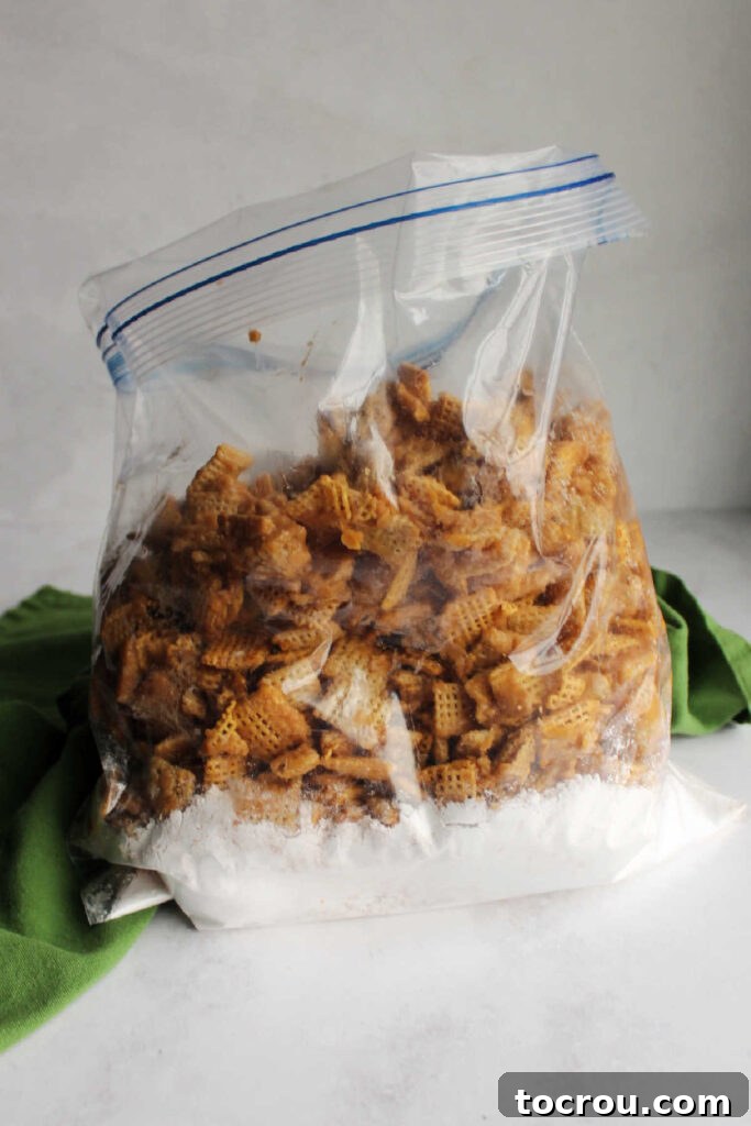 Maple cinnamon cereal mixture in bag with powdered sugar and ground cinnamon.