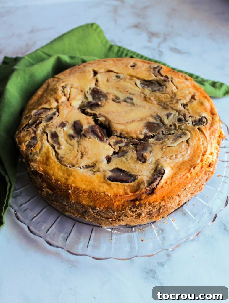 Whole chilled pecan pie cheesecake on glass plate.