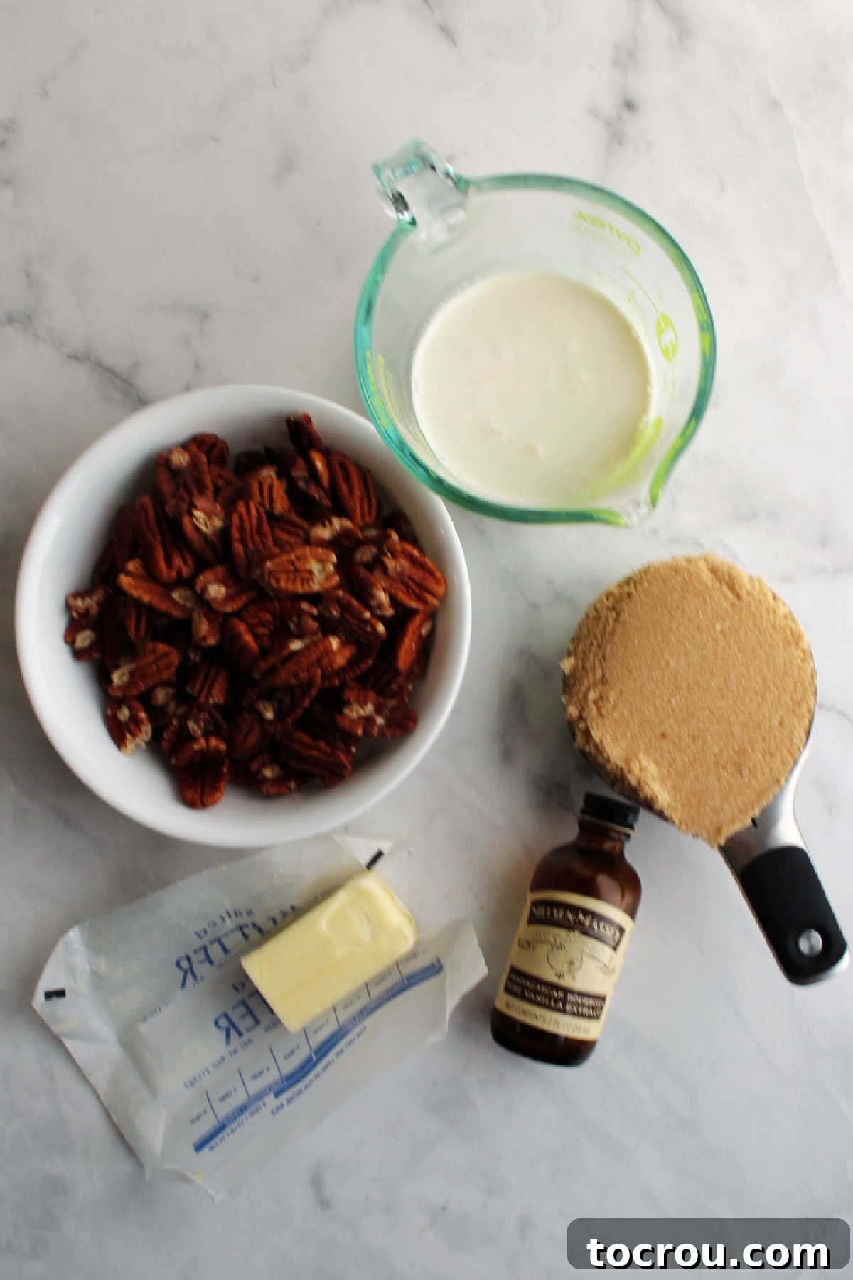 Ingredients for pecan pie swirl in cheesecake