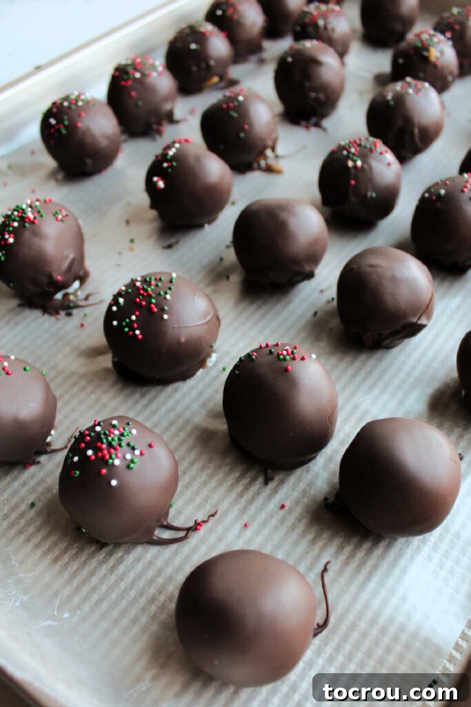 Tray of Nutter Butter balls dipped in chocolate and generously topped with sprinkles, patiently waiting to set completely.