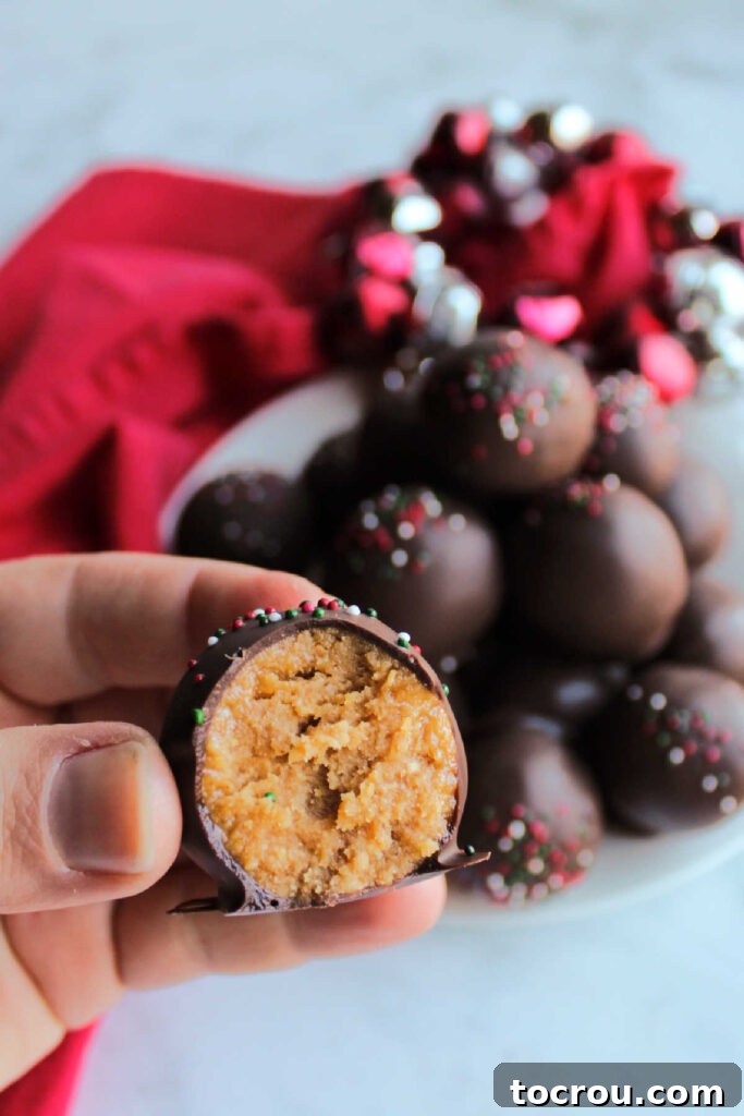 A hand holding a perfectly chocolate-dipped peanut butter cookie truffle, revealing its creamy peanut butter center.
